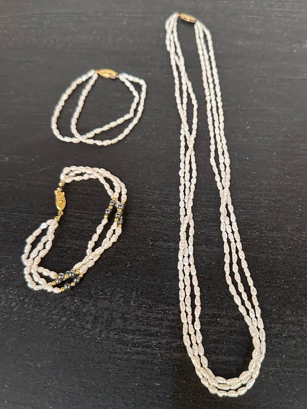 Vintage Freshwater Rice Pearl Jewelry Set • 3 Pc Necklace and 2 bracelets